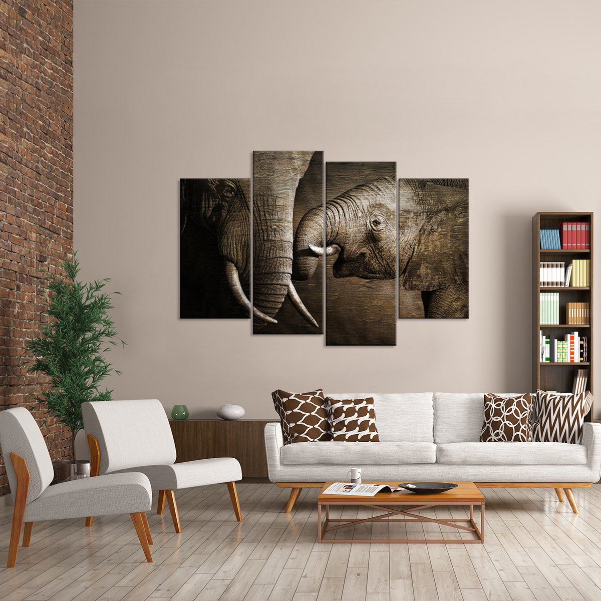 Wooden Elephant Affection Multi Panel Canvas Wall Art
