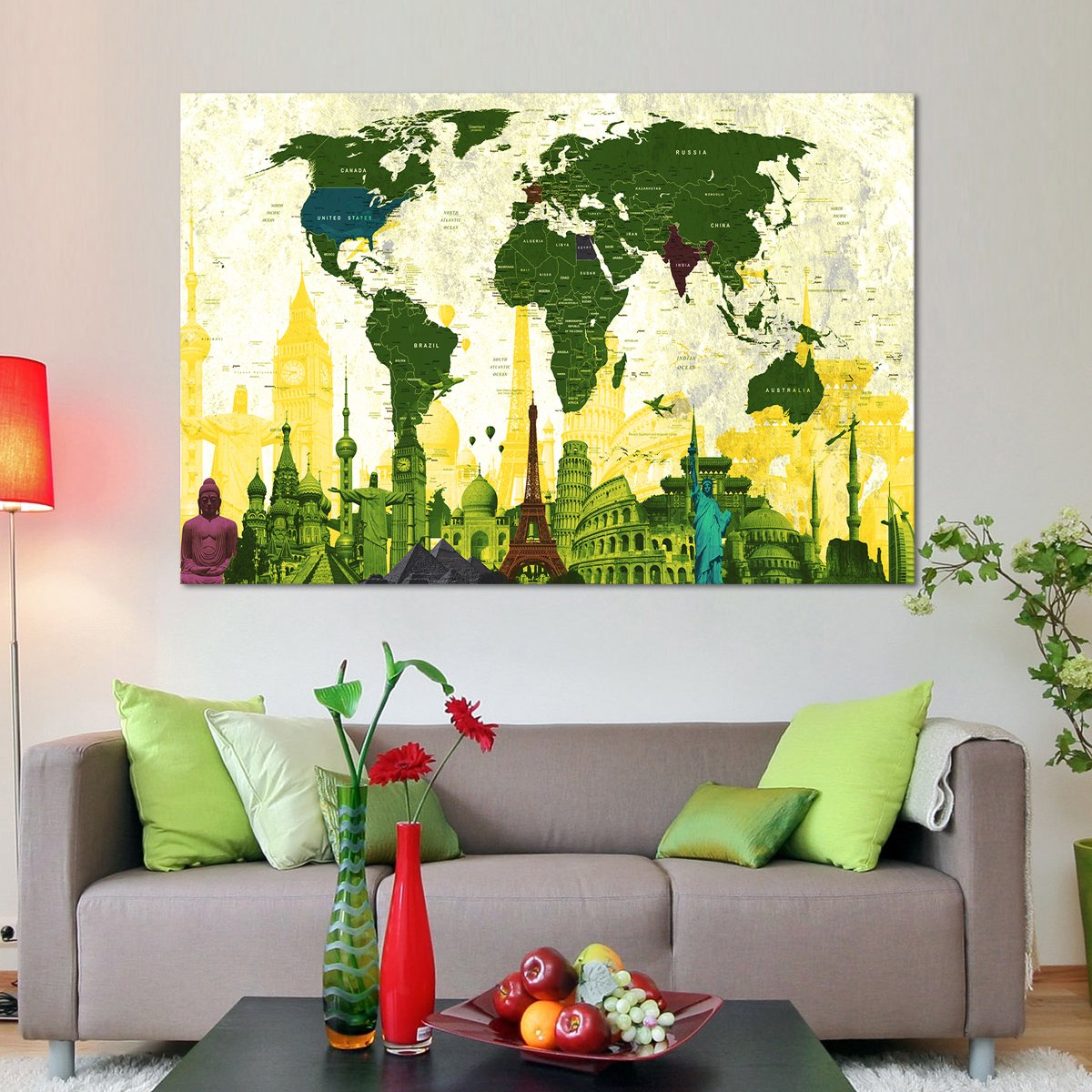 Country Landmarks World Map Masterpiece Multi Panel Canvas Wall Art