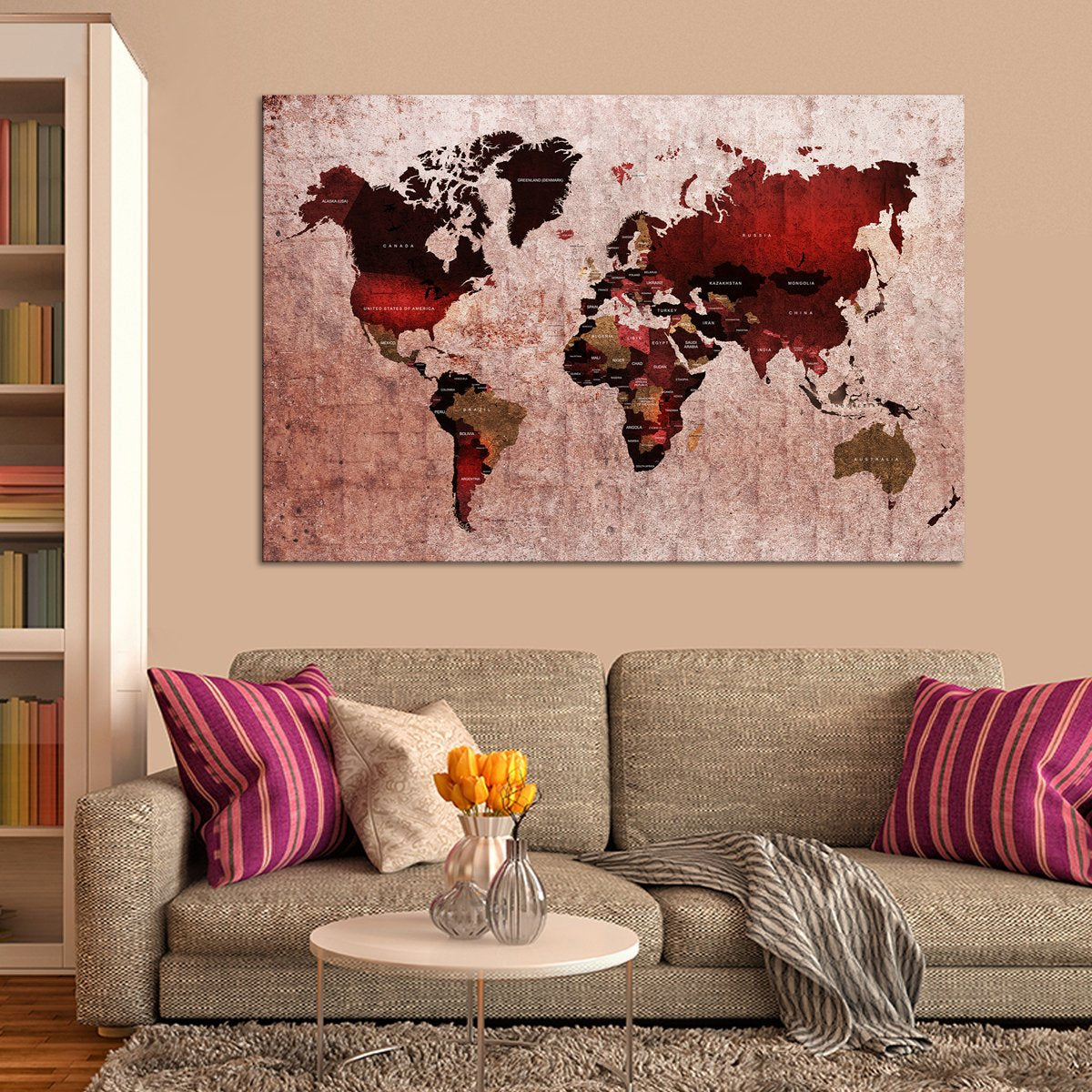 Ruby World Map Multi Panel Canvas Wall Art