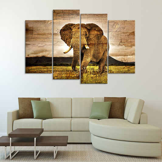 Wooden Elephant Landscape Multi Panel Canvas Wall Art