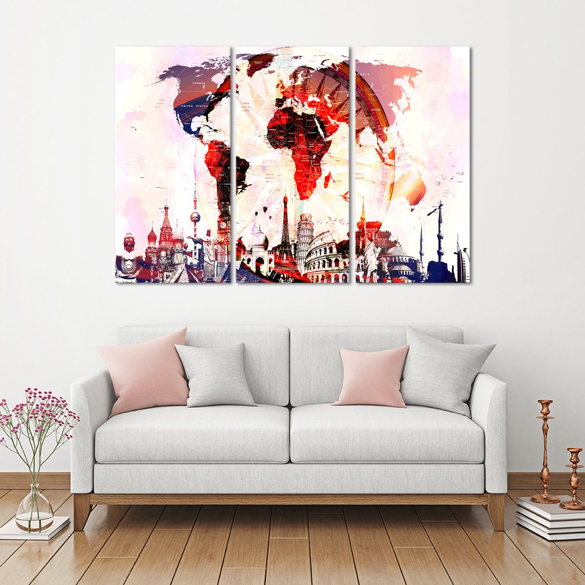 Compass World Map Masterpiece Multi Panel Canvas Wall Art