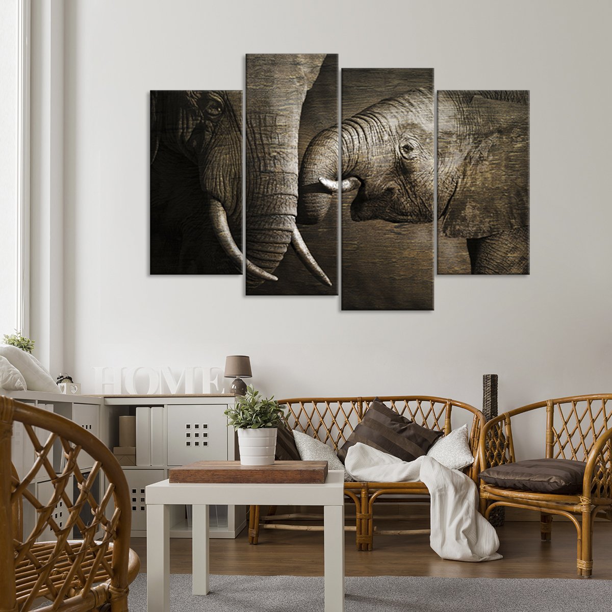 Wooden Elephant Affection Multi Panel Canvas Wall Art