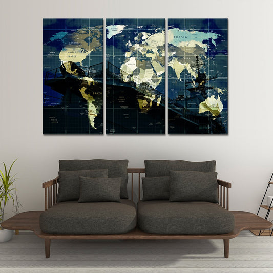 Battleship World Map Multi Panel Canvas Wall Art