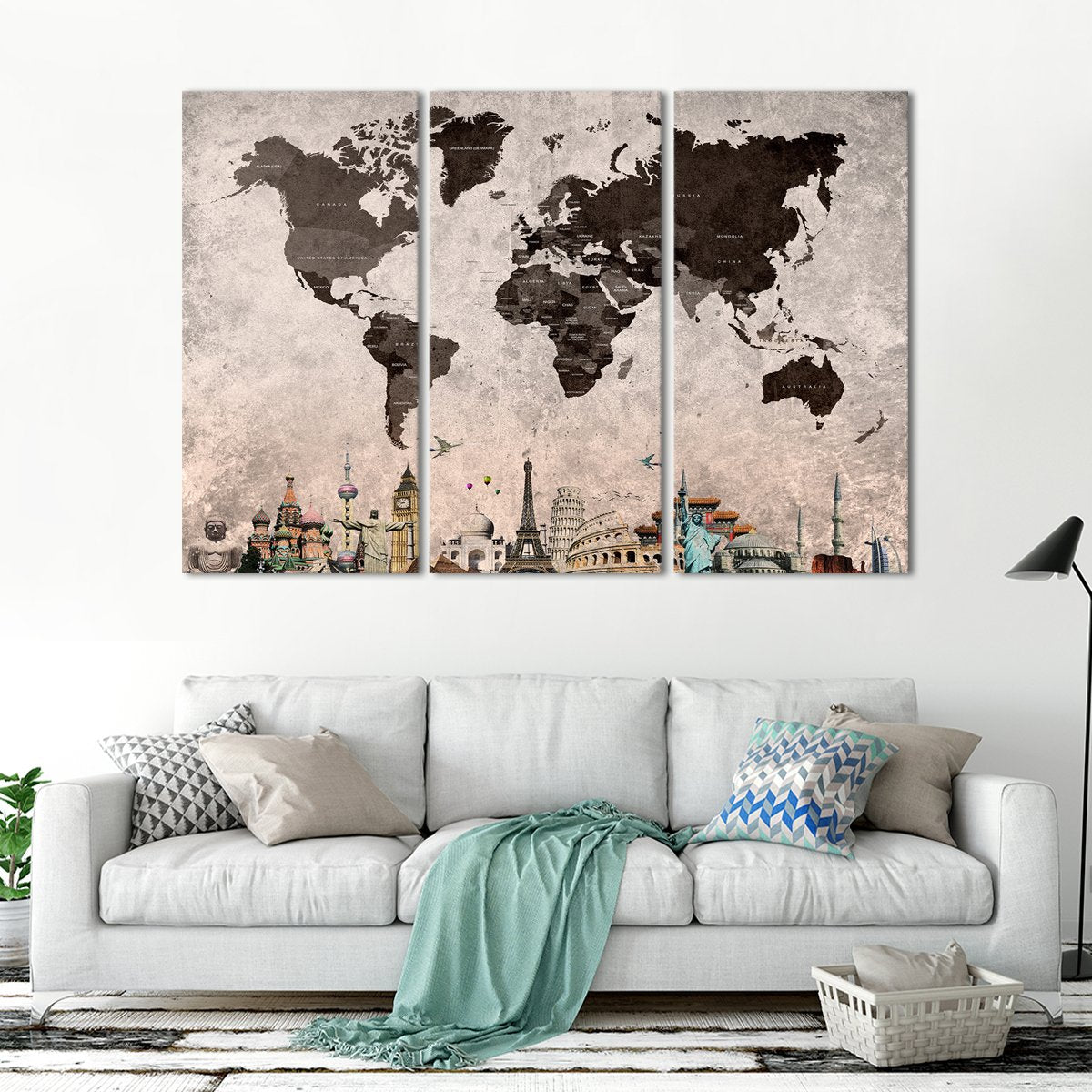 Shades Of Grey World Map Masterpiece Multi Panel Canvas Wall Art