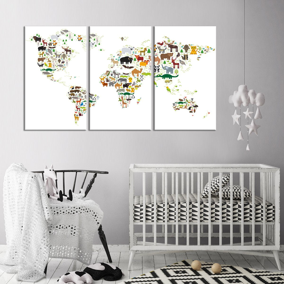 White Animals World Map Multi Panel Canvas Wall Art