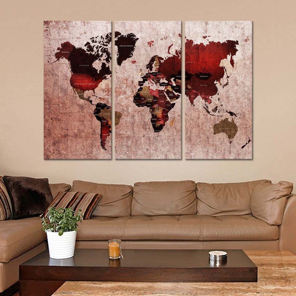 Ruby World Map Multi Panel Canvas Wall Art