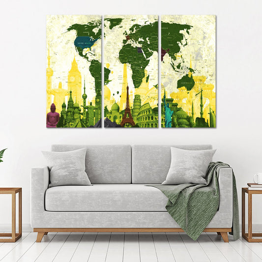 Country Landmarks World Map Masterpiece Multi Panel Canvas Wall Art