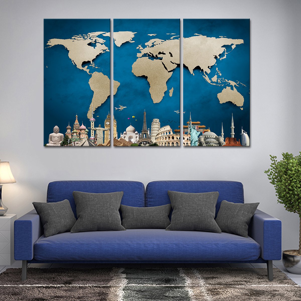 Ocean Blue World Map Masterpiece Multi Panel Canvas Wall Art