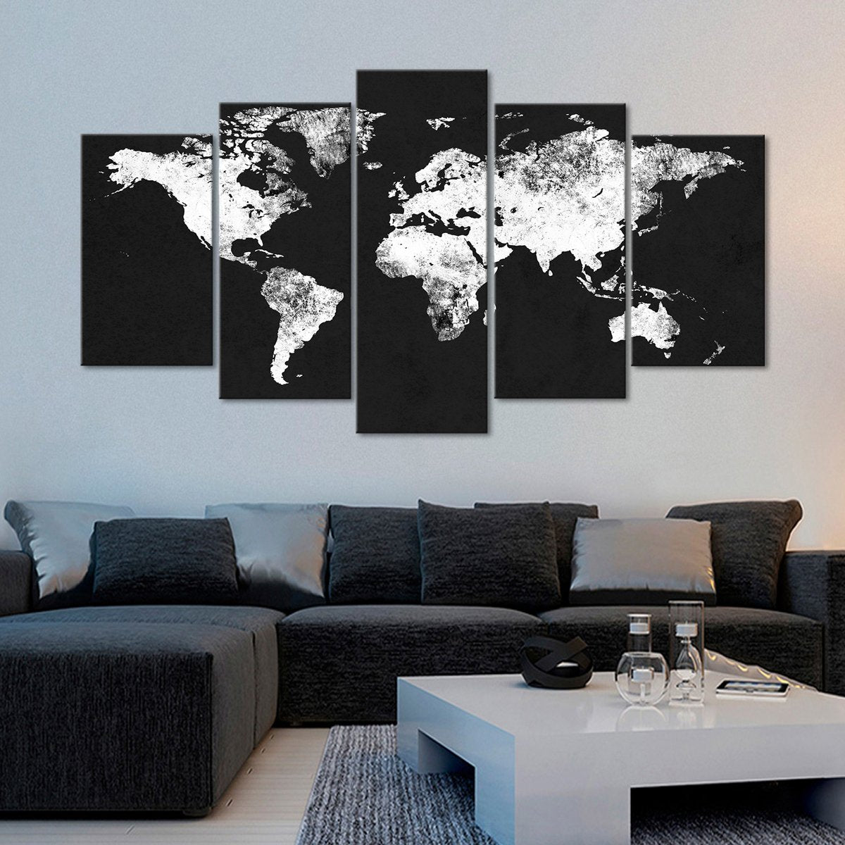 Charcoal World Map Multi Panel Canvas Wall Art
