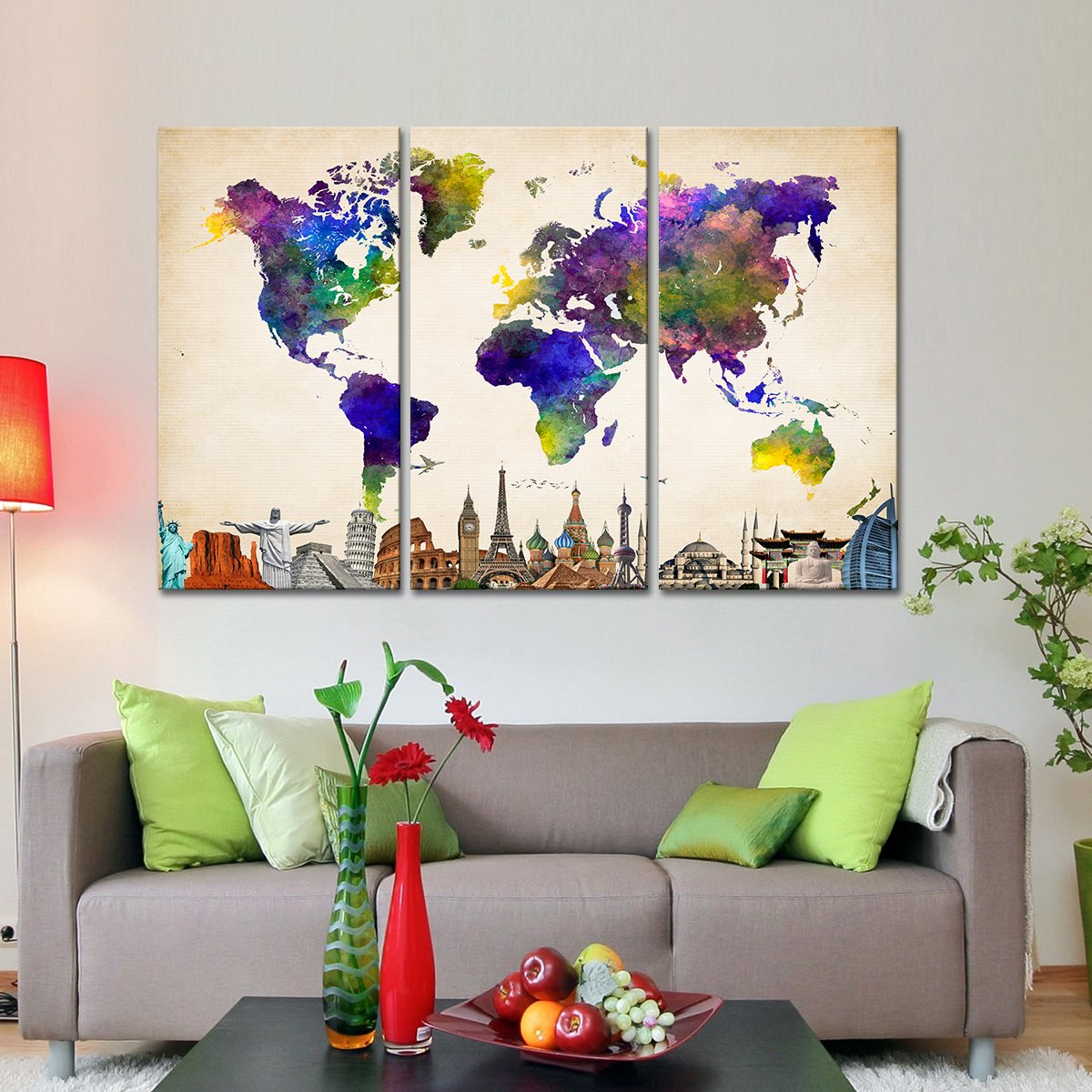 Violet World Map Masterpiece Multi Panel Canvas Wall Art