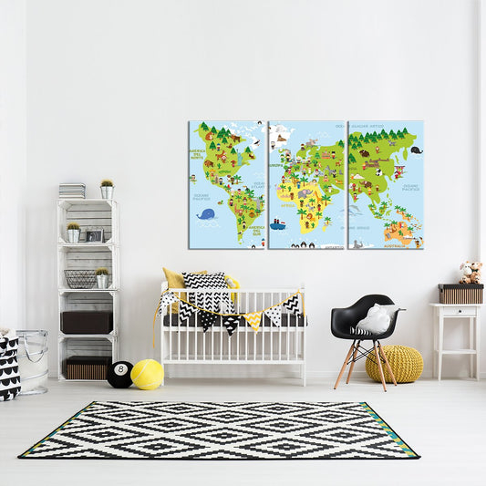 Funny Cartoon World Map Multi Panel Canvas Wall Art