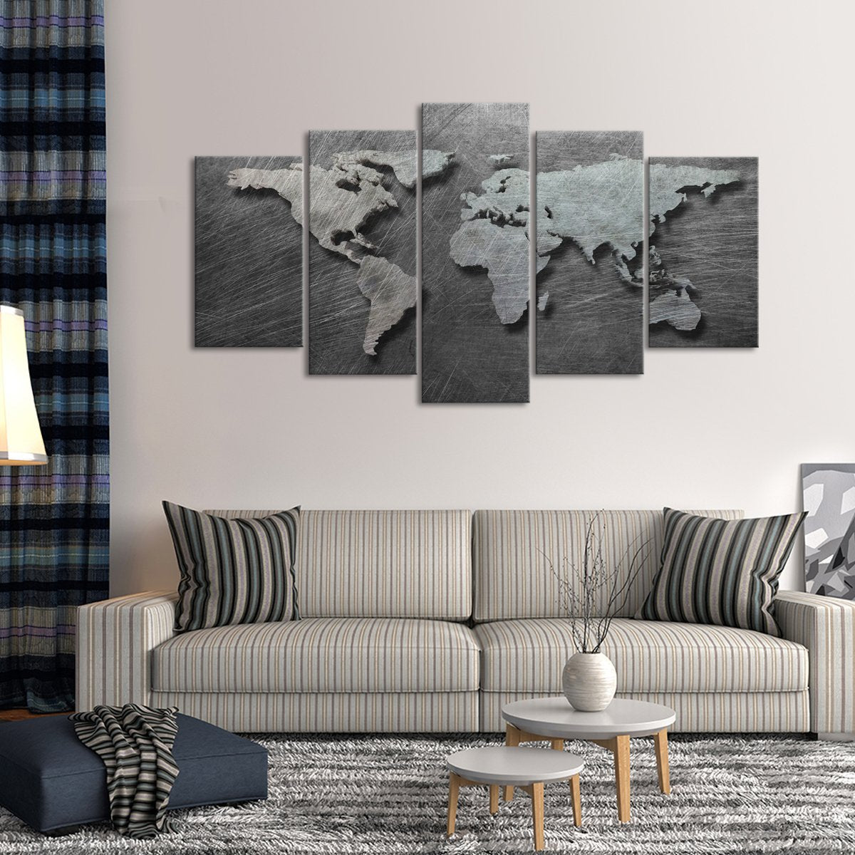 3D Steel World Map Multi Panel Canvas Wall Art
