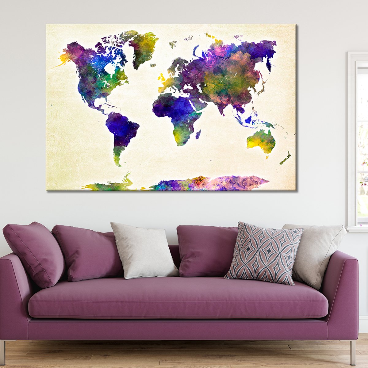 Violet World Map Multi Panel Canvas Wall Art
