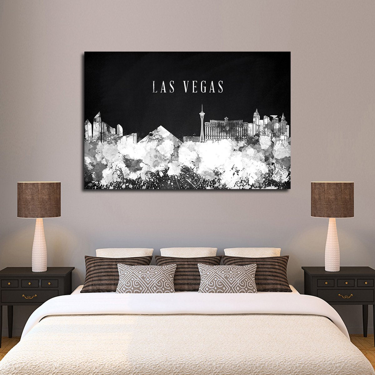 Las Vegas Watercolor Skyline BW Multi Panel Canvas Wall Art