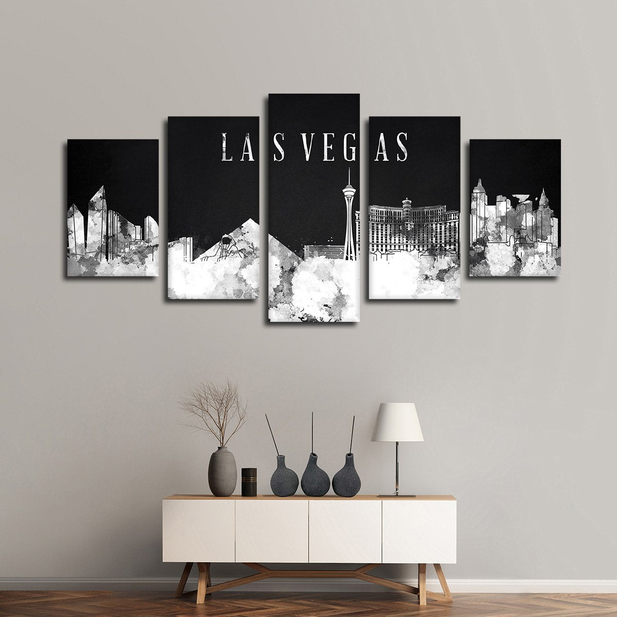 Las Vegas Watercolor Skyline BW Multi Panel Canvas Wall Art