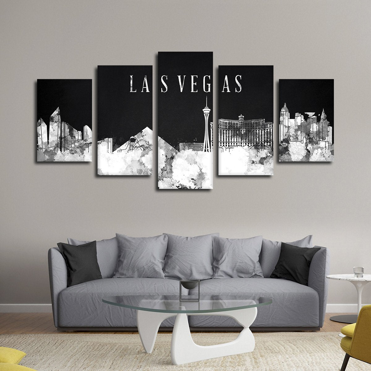Las Vegas Watercolor Skyline BW Multi Panel Canvas Wall Art