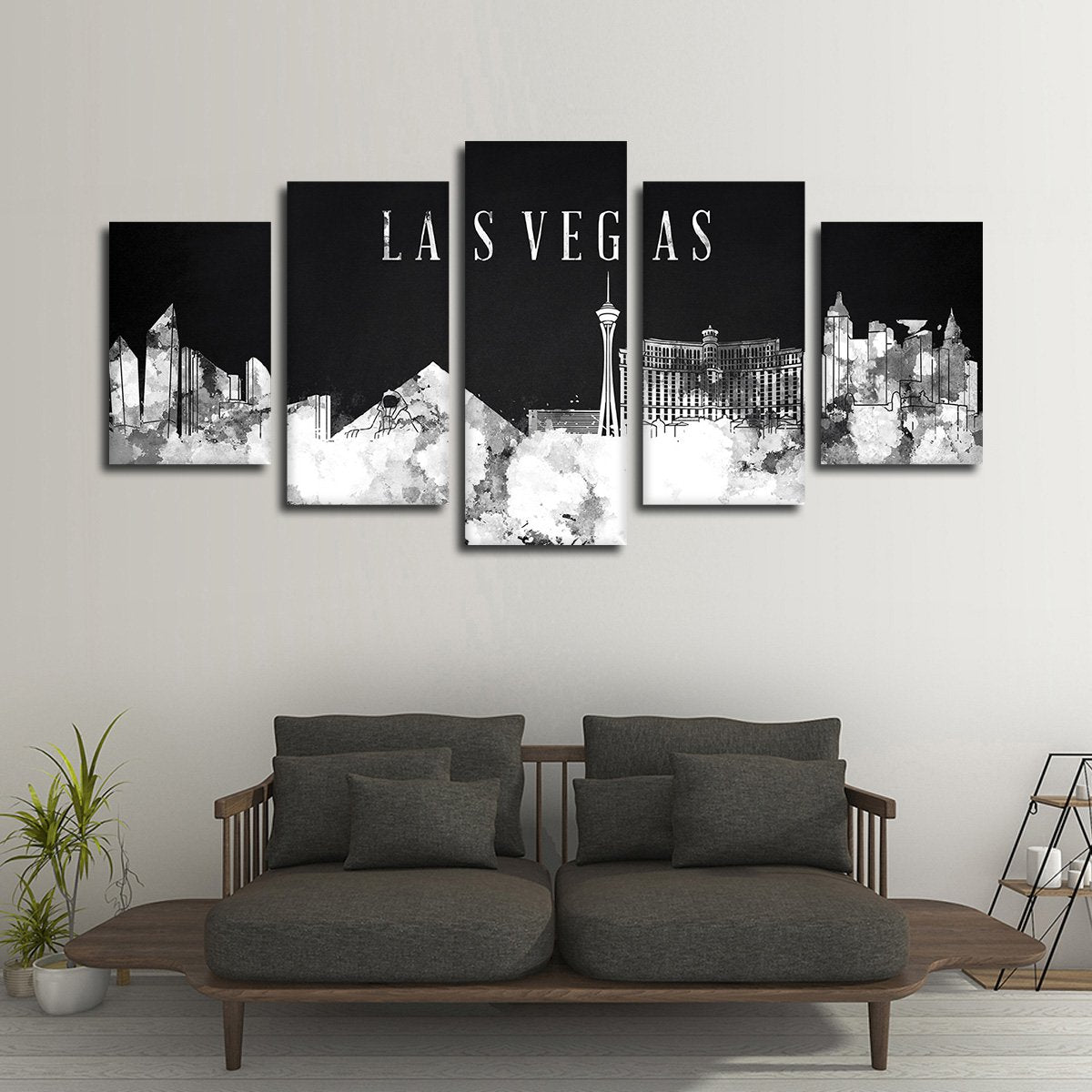 Las Vegas Watercolor Skyline BW Multi Panel Canvas Wall Art