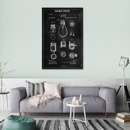 Light Bulb Patent BW Canvas Wall Art