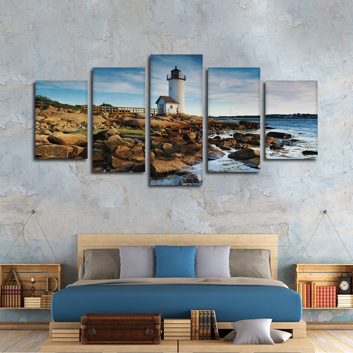 Lighthouse At The Rocks Multi Panel Canvas Wall Art
