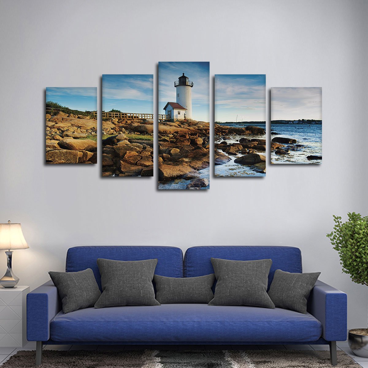 Lighthouse At The Rocks Multi Panel Canvas Wall Art