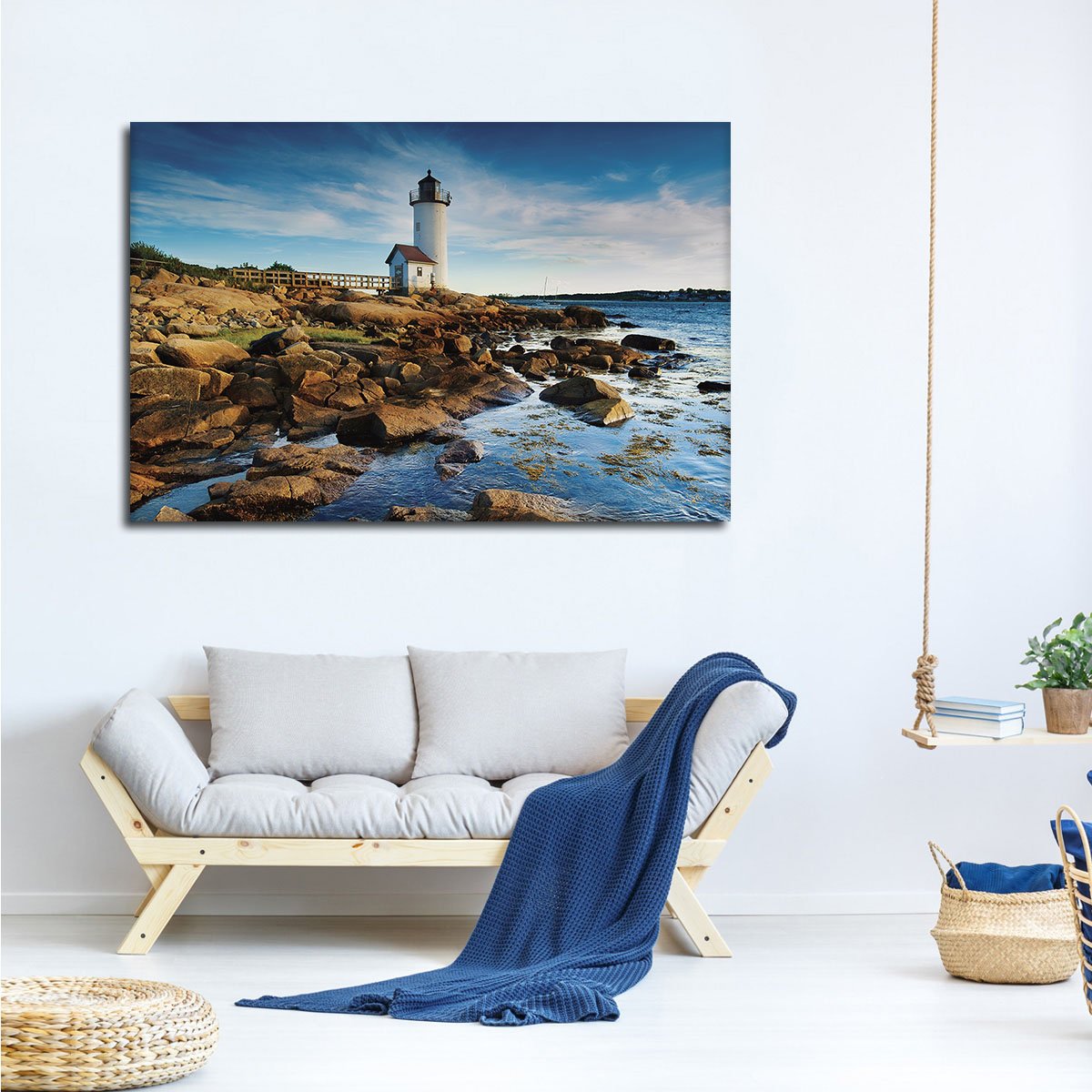 Lighthouse At The Rocks Multi Panel Canvas Wall Art