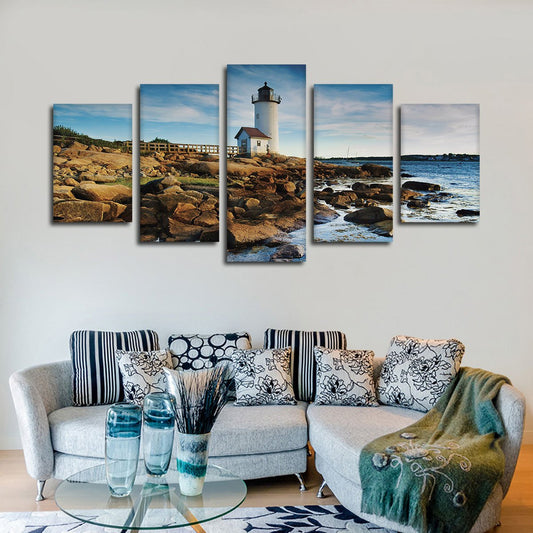 Lighthouse At The Rocks Multi Panel Canvas Wall Art