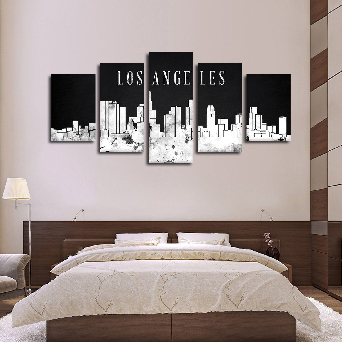 Los Angeles Watercolor Skyline BW Multi Panel Canvas Wall Art