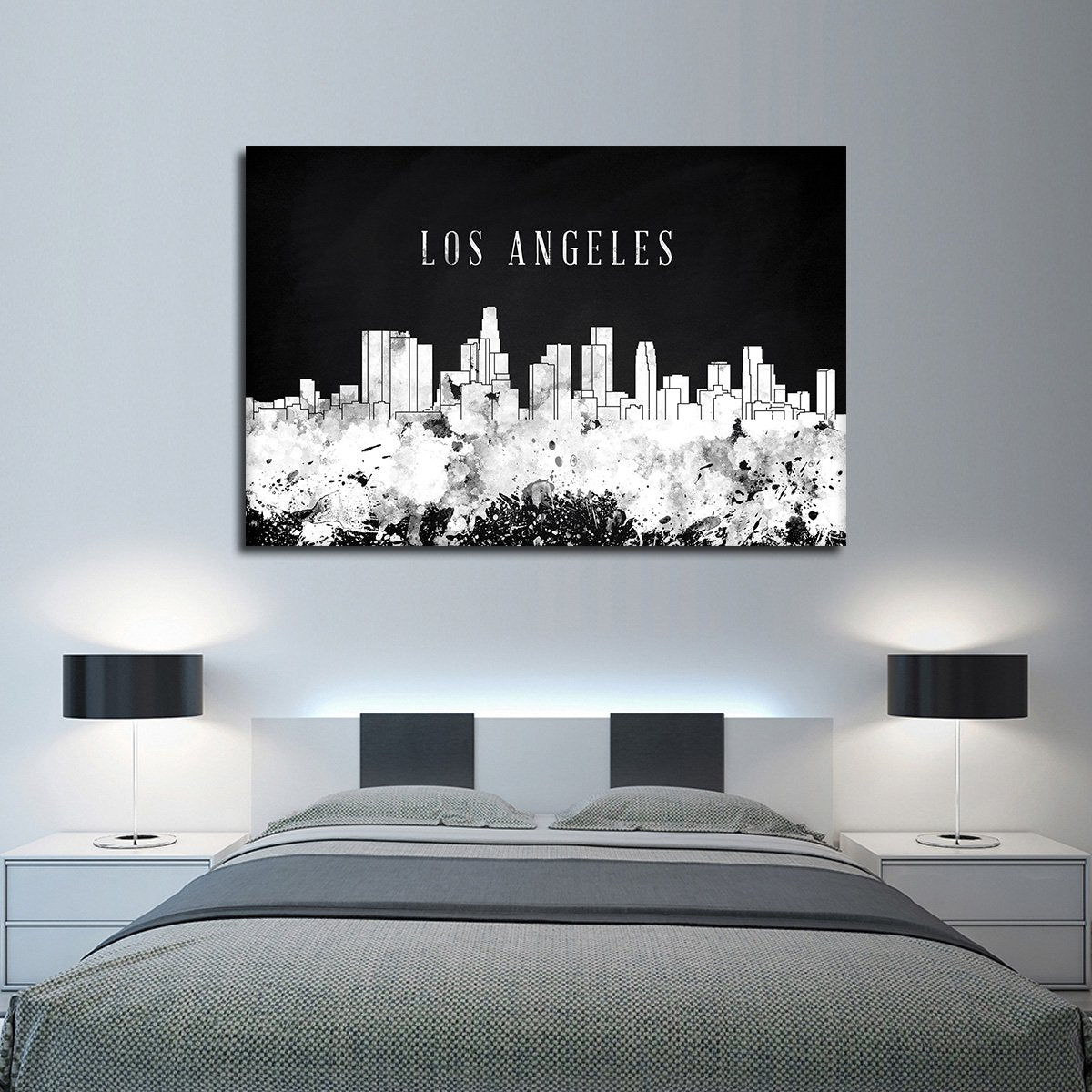 Los Angeles Watercolor Skyline BW Multi Panel Canvas Wall Art