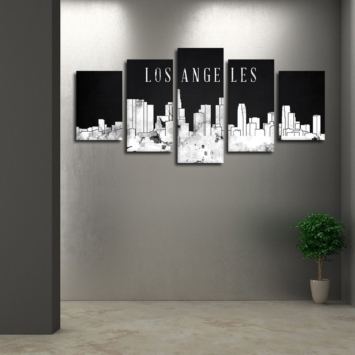 Los Angeles Watercolor Skyline BW Multi Panel Canvas Wall Art