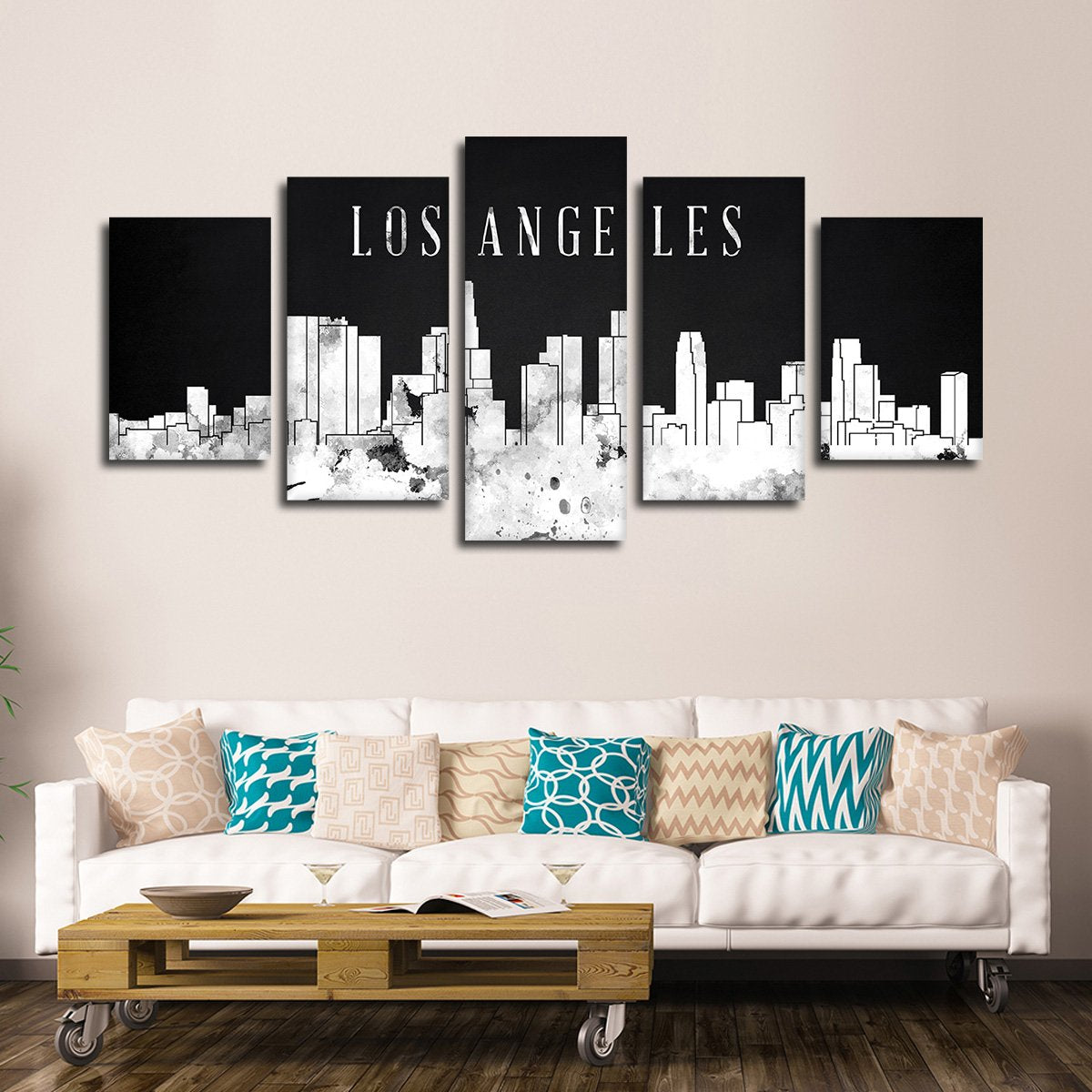 Los Angeles Watercolor Skyline BW Multi Panel Canvas Wall Art