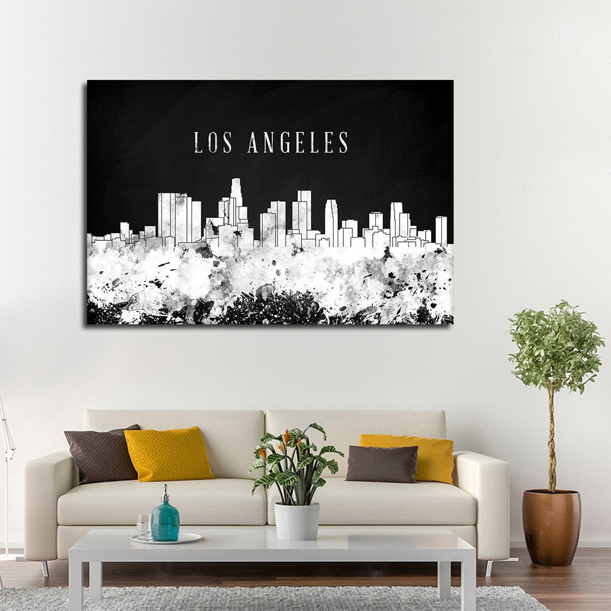 Los Angeles Watercolor Skyline BW Multi Panel Canvas Wall Art