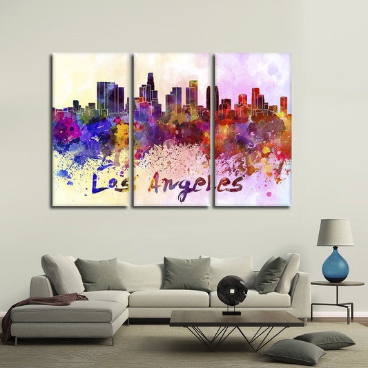 Los Angeles Watercolor Skyline Multi Panel Canvas Wall Art