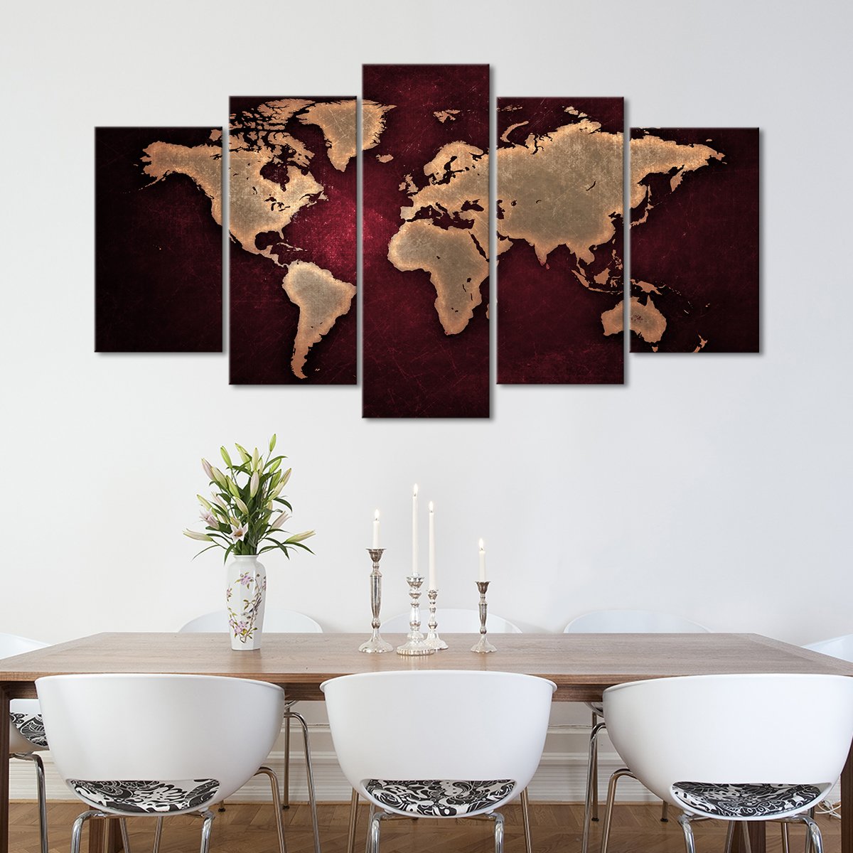 Maroon World Map Multi Panel Canvas Wall Art