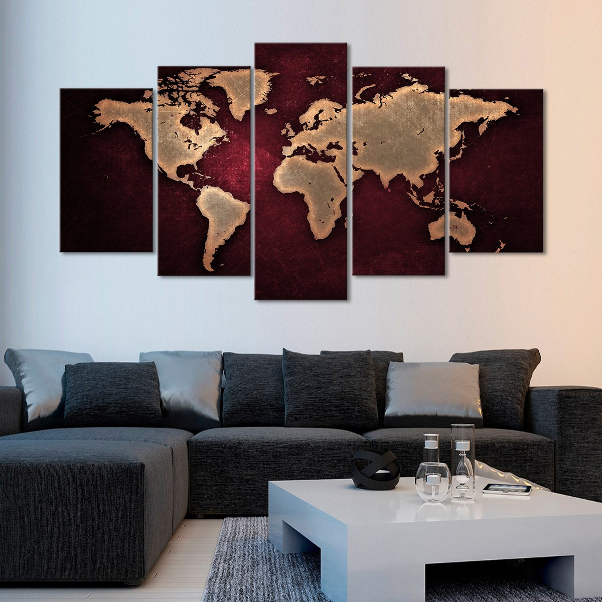 Maroon World Map Multi Panel Canvas Wall Art