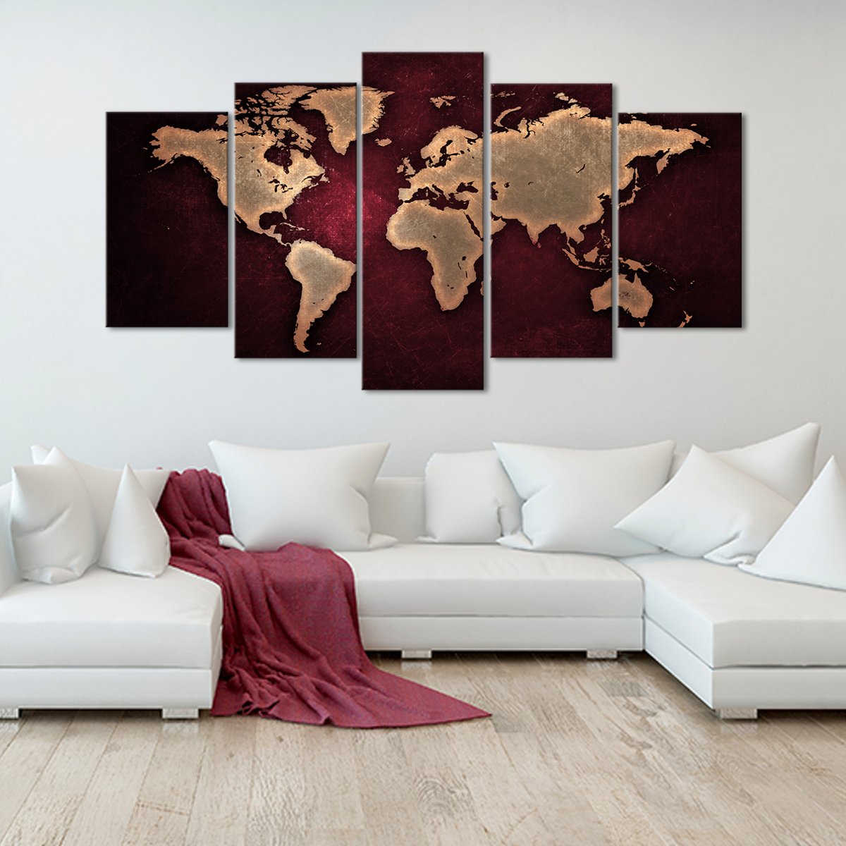 Maroon World Map Multi Panel Canvas Wall Art
