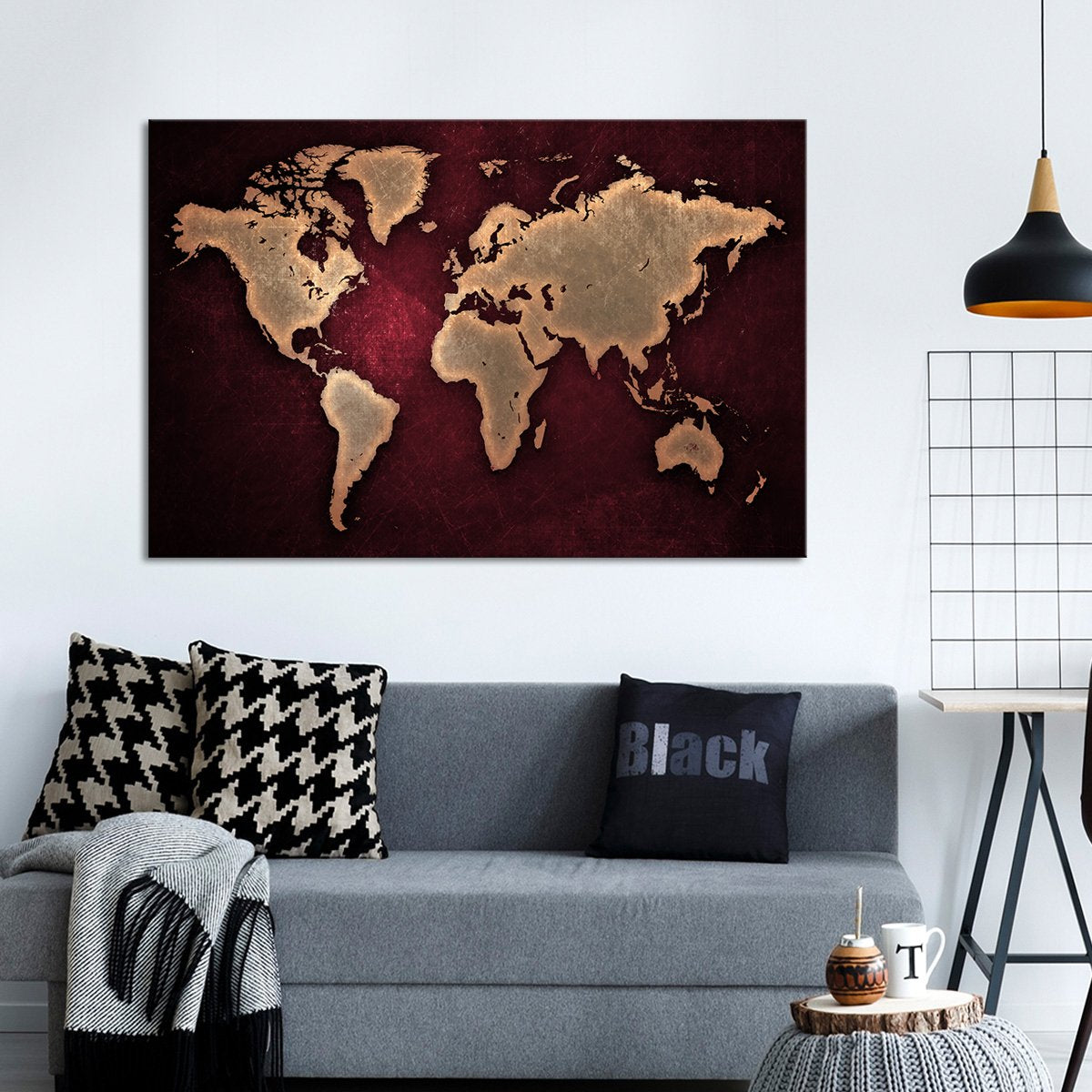 Maroon World Map Multi Panel Canvas Wall Art
