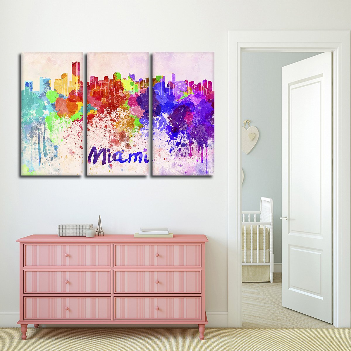 Miami Watercolor Skyline Multi Panel Canvas Wall Art