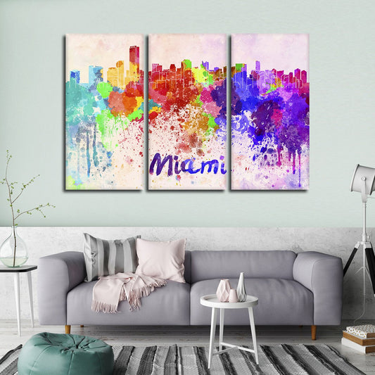 Miami Watercolor Skyline Multi Panel Canvas Wall Art