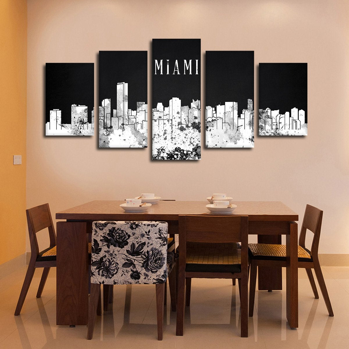 Miami Watercolor Skyline BW Multi Panel Canvas Wall Art