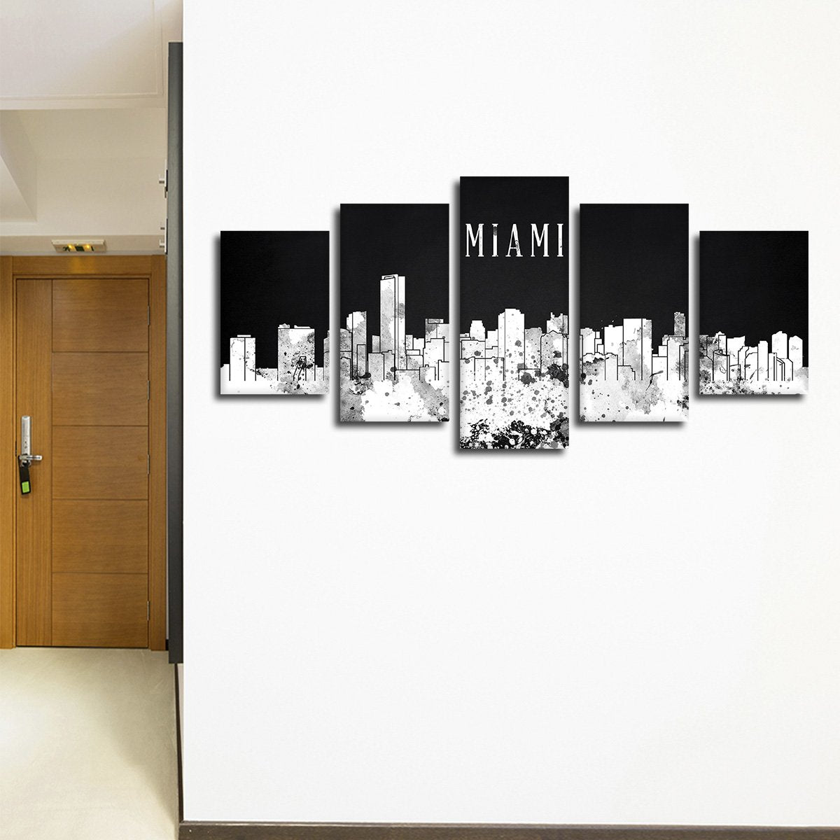 Miami Watercolor Skyline BW Multi Panel Canvas Wall Art
