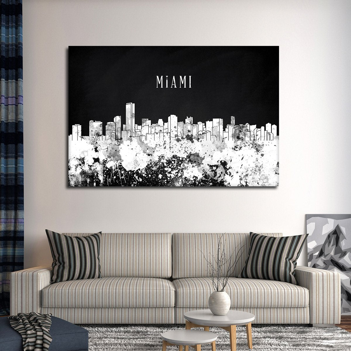Miami Watercolor Skyline BW Multi Panel Canvas Wall Art