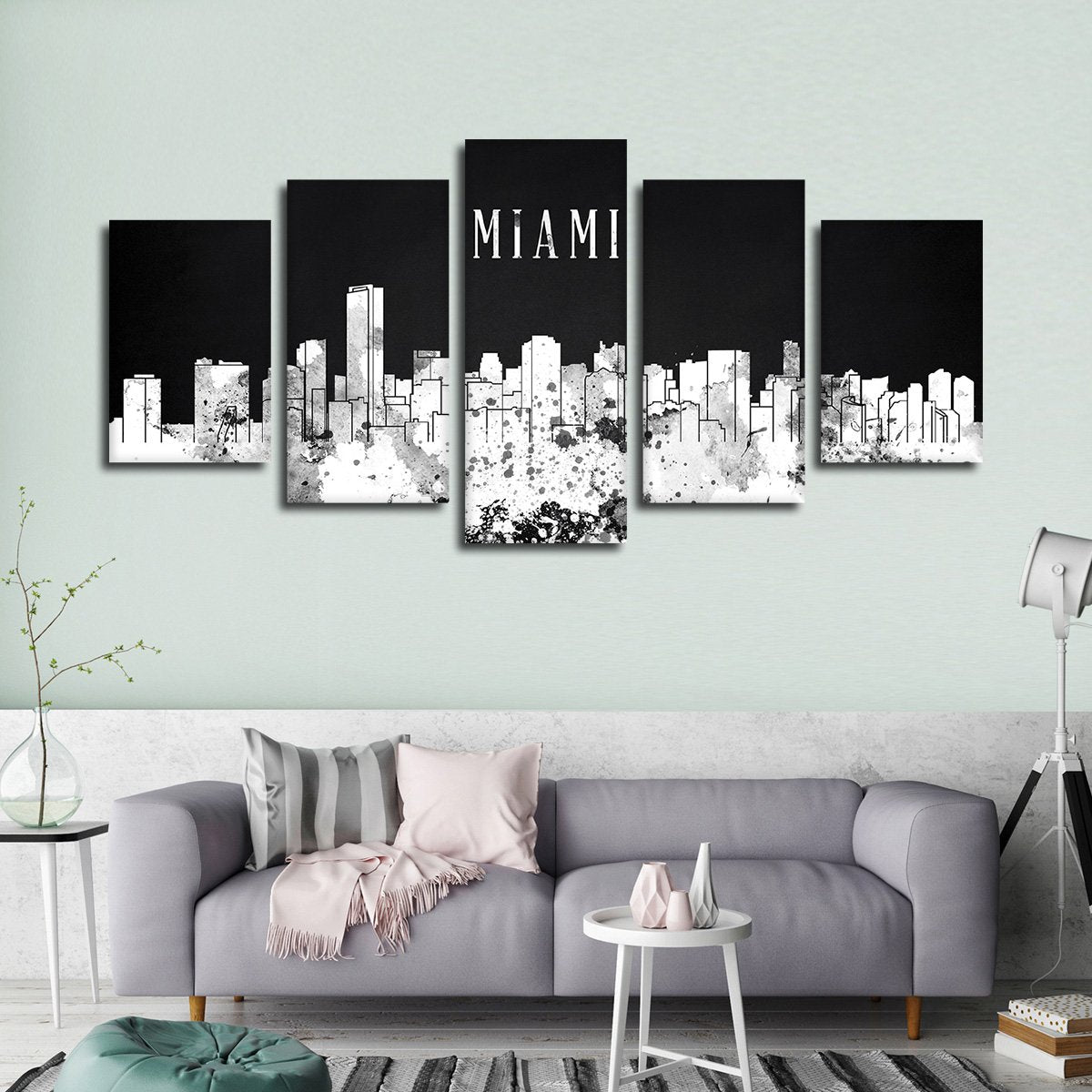 Miami Watercolor Skyline BW Multi Panel Canvas Wall Art