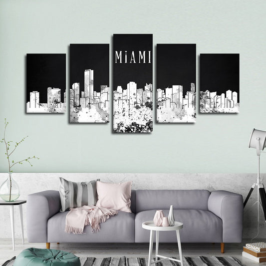 Miami Watercolor Skyline BW Multi Panel Canvas Wall Art