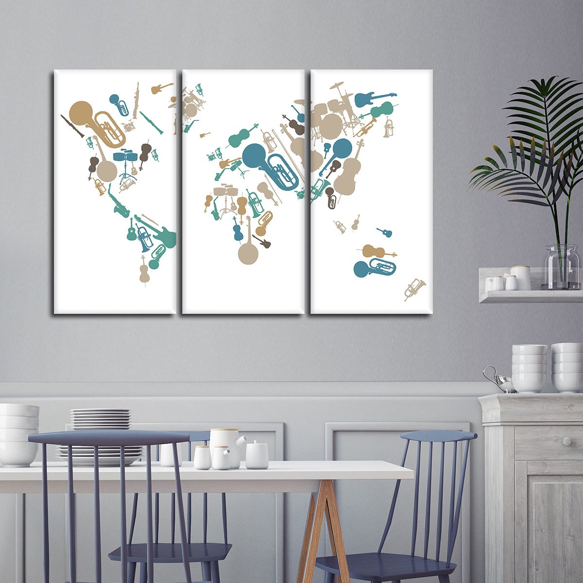 Musical World Map Multi Panel Canvas Wall Art
