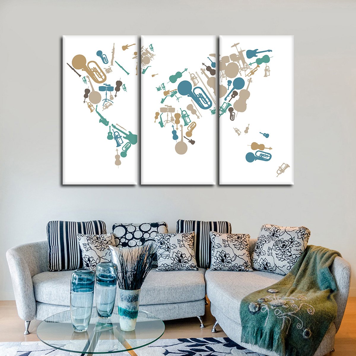 Musical World Map Multi Panel Canvas Wall Art