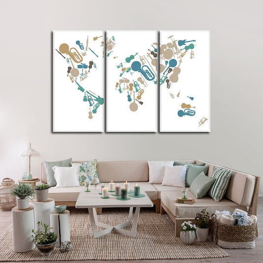 Musical World Map Multi Panel Canvas Wall Art