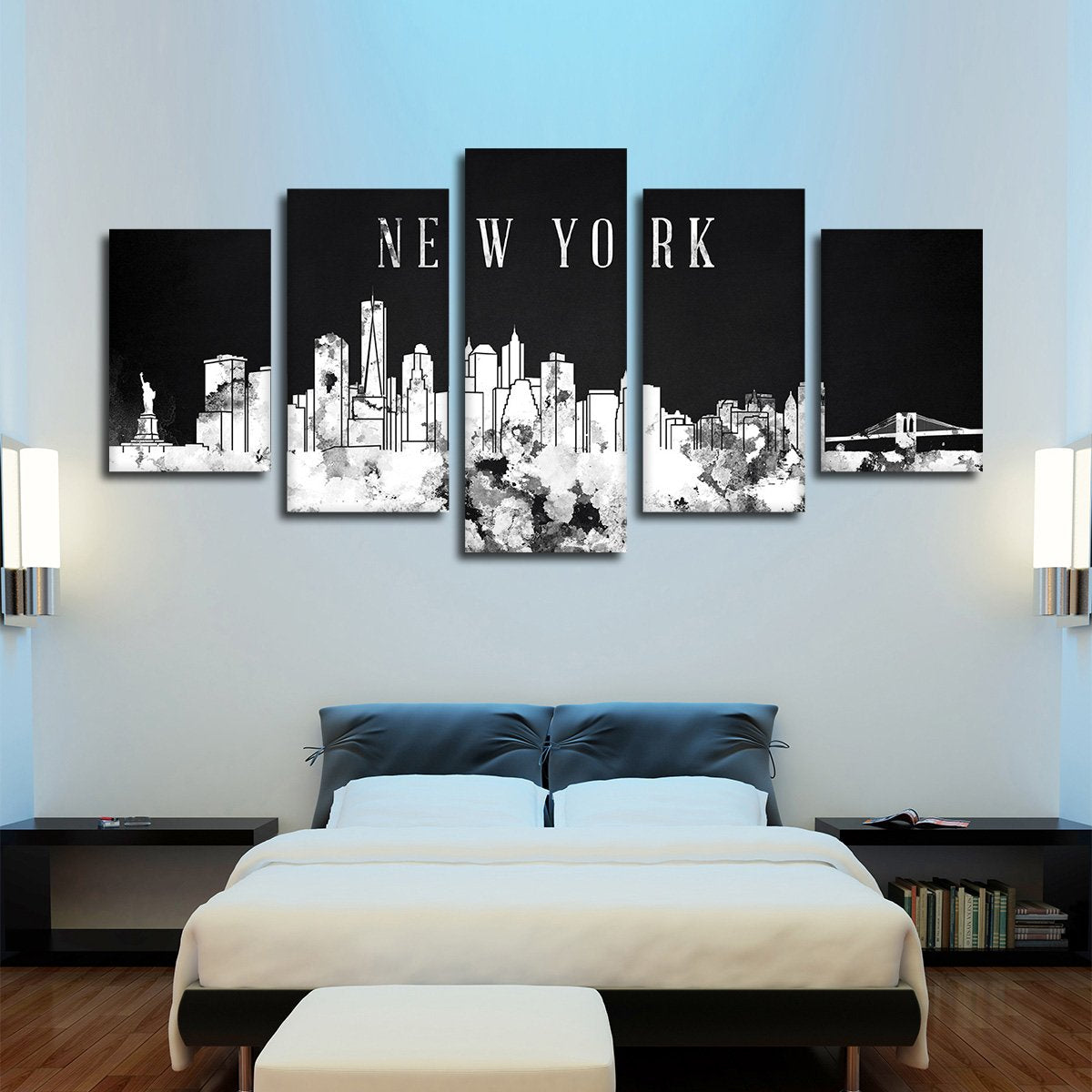 NYC Watercolor Skyline BW Multi Panel Canvas Wall Art