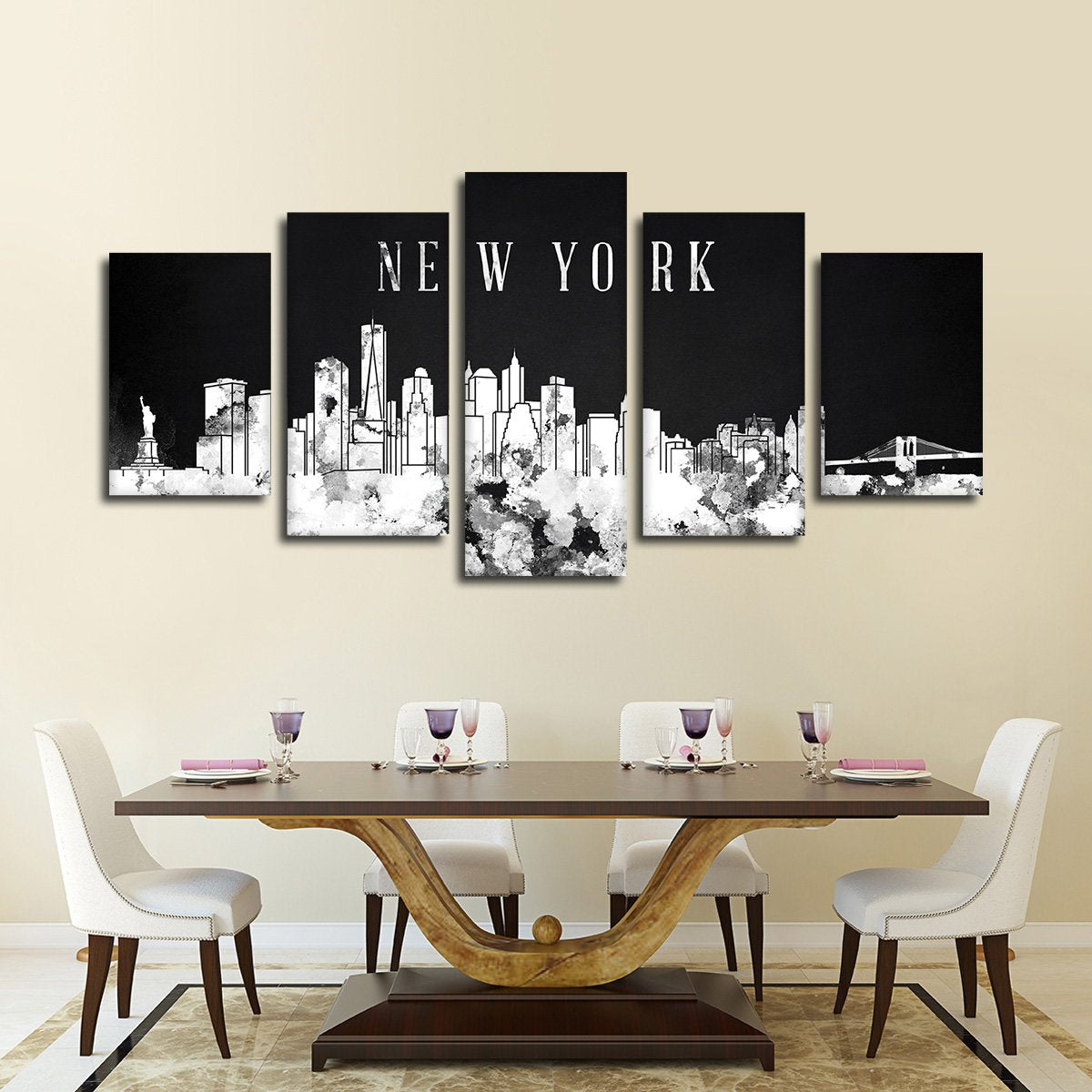 NYC Watercolor Skyline BW Multi Panel Canvas Wall Art