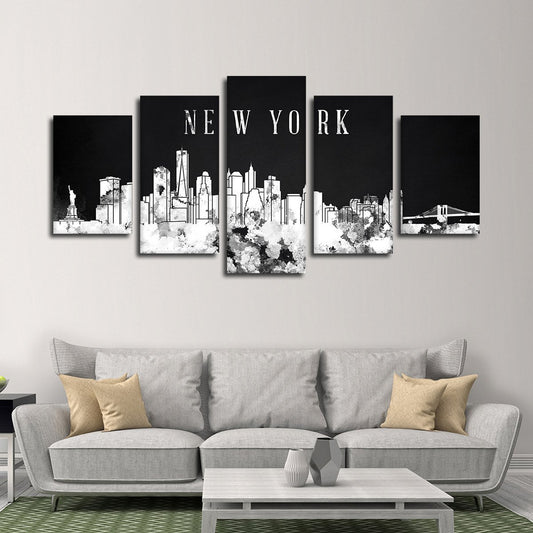 NYC Watercolor Skyline BW Multi Panel Canvas Wall Art