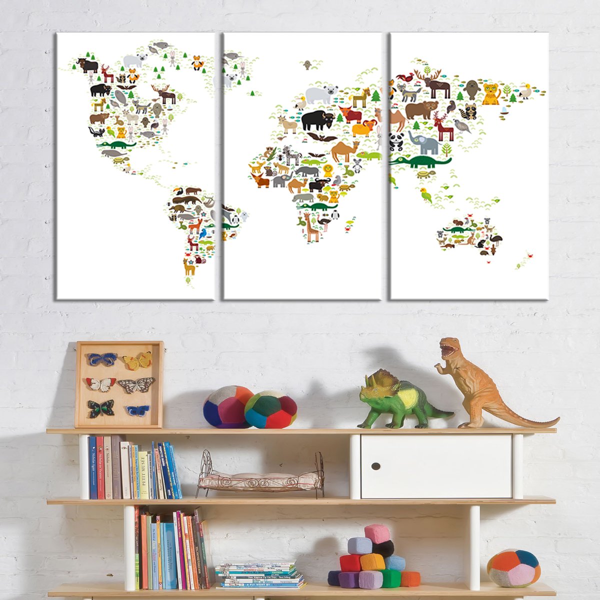 White Animals World Map Multi Panel Canvas Wall Art